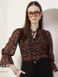 Style Quotient Floral Print Tie-Up Neck Bishop Sleeves Top
