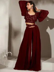 SANCIA Ethnic Motifs Embroidered Sequinned Top with Palazzos