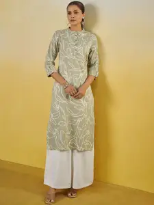 Anouk Abstract Printed Mandarin Collar Chanderi Silk Straight Kurta