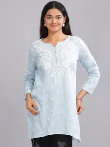 Club Loom Floral Embroidered Notch Neck Chikankari Cotton Embroidered Top