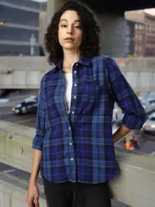 High Star Women Comfort Tartan Checks Opaque Checked Oversized Fit Casual Shirt