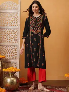 ADA Women Ethnic Motifs Embroidered Notch Neck Cotton Chikankari Straight Kurta