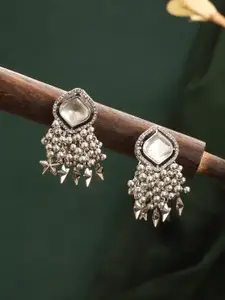 Jazz and Sizzle Silver-Plated American Diamond Studded Diamond Shaped Drop Earrings