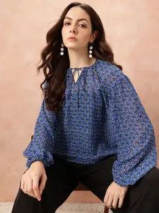 all about you Geometric Print Semi Sheer Tie-Ups Top