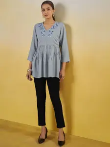 Anouk Floral Embroidered Pleated Thread Work V-Neck A-Line Short Kurti