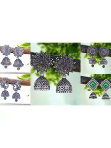 DIVASTRI Set Of 5 Silver-Plated Dome Shaped Oxidized Jhumkas