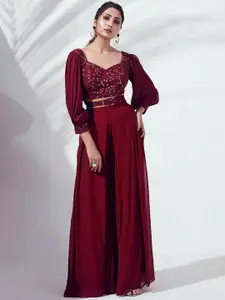 SANCIA Ethnic Motifs Embroidered Sequinned Top with Palazzos