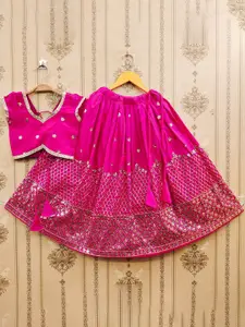 BAESD Girls Embroidered Sequinned Foil Print Ready to Wear Lehenga &