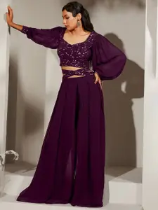 SANCIA Ethnic Motifs Embroidered Sequinned Top with Palazzos