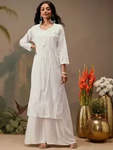 ADA Women Ethnic Motifs Embroidered Round Neck Cotton Chikankari Straight Kurta