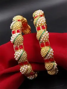 AARNAA Set Of 2 Gold-Plated Kundan-Pearl Studded Bangles