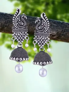 DIVASTRI Set Of 5 Silver-Plated Artificial Stones and Beaded Peacock Oxidized Jhumkas
