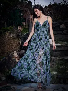 Berrylush Tropical Print Georgette Fit & Flare Maxi Dress