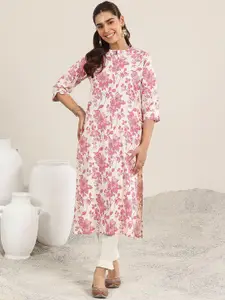 Libas Floral Printed Thread Work Band Collar Cotton Straight Kurta