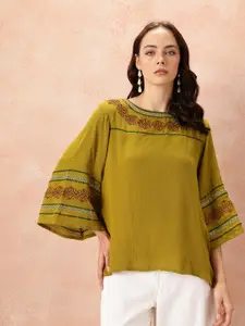 all about you Embroidered Flared Sleeve Crinkle Top