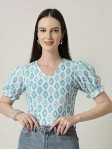 Style Quotient Geometric Print Puff Sleeve Top