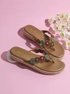 Inc 5 Women Embellished Open Toe T-Strap Flats