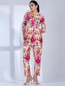 AUTUMN LANE Geometric Printed Mandarin Collar Pure Cotton Top With Trousers