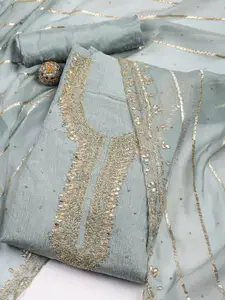 Meena Bazaar Floral Embellished Zari Work Unstitched Dress Material