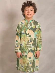 Anthrilo Boys Floral Printed Mandarin Collar Pure Cotton Straight Kurta
