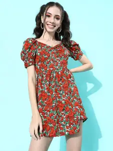 Berrylush Floral Print Puff Sleeve Fit & Flare Mini Dress