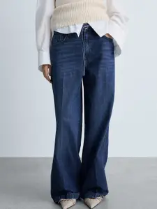 MANGO Women Pure Cotton Wide Leg Light Fade Jeans With Fabric Belt