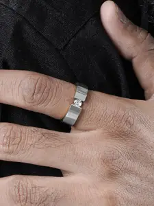 SWASHAA Men Silver-Plated Stainless Steel Stone Studded Finger Ring