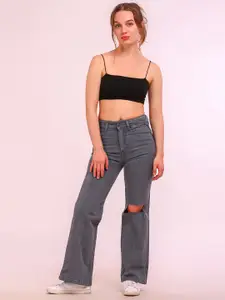 HIGH BUY Women High-Rise Slash Knee Jeans