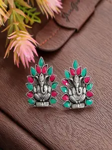 Sangria Spiritual Silver-Plated Stone Studded Lord Ganpati Classic Shaped Studs