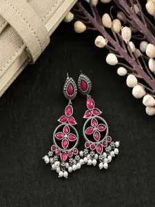 Sangria Silver-Plated Artificial Stones-Studded Geometric Shaped Drop Earrings