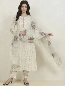 Biba Floral Printed Thread Work Pure Cotton Unstitched Dress Material