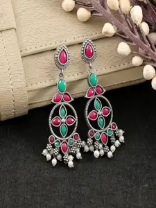 Sangria Silver-Plated Artificial Stones Studded Geometric Shaped Oxidised Drop Earrings