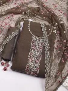 Meena Bazaar Floral Embroidered Sequinned Organza Unstitched Dress Material