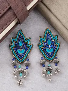 Sangria Silver-Plated Beaded Contemporary Shaped Drop Earrings