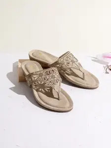 Inc 5 Women Embellished Ethnic T-Strap Flats with Laser Cuts