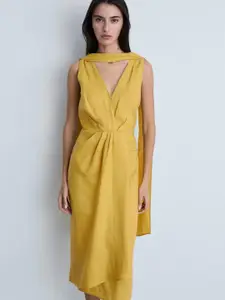MANGO Pure Linen Scarf Neck Pleated Midi Dress