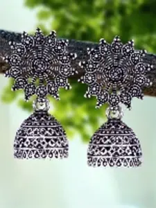 MEENAZ Set Of 5 Silver-Plated Dome Shaped Oxidised Jhumkas