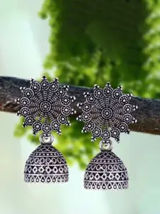 MEENAZ Set Of 5 Silver-Plated Floral Shaped Oxidised Jhumkas