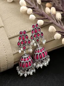 Sangria Silver-plated Crystal Studded & Beaded Dome Shaped Oxidised Jhumkas