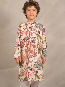 Anthrilo Boys Floral Printed Mandarin Collar Pure Cotton Straight Kurta