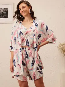 BAESD Printed V Neck Top Jacket With Shorts Co-Ords