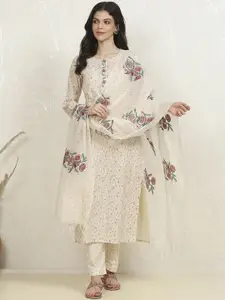 Biba Floral Printed Thread Work Pure Cotton Unstitched Dress Material