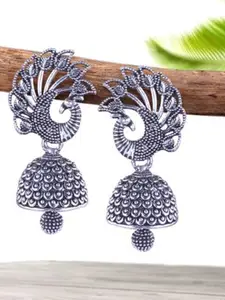 MEENAZ Set Of 4 Silver-Plated Peacock Shaped Oxidised Jhumkas