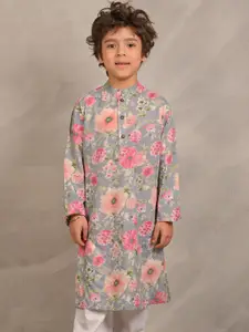 Anthrilo Boys Floral Printed Mandarin Collar Pure Cotton Straight Kurta