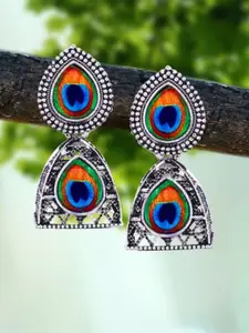MEENAZ Set Of 4 Silver-Plated Floral Shaped Oxidised Jhumkas