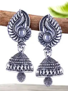 MEENAZ Set Of 5 Silver-Plated Floral Shaped Oxidised Jhumkas