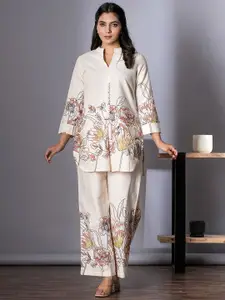 AUTUMN LANE Floral Printed V-Neck Pure Cotton Top With Trousers