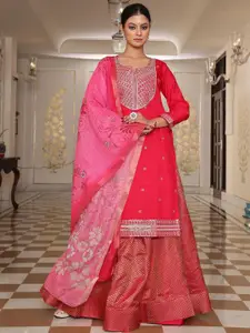 KALINI Floral Embroidered Sequinned Work Art Silk Semi-Stitched Dress Material