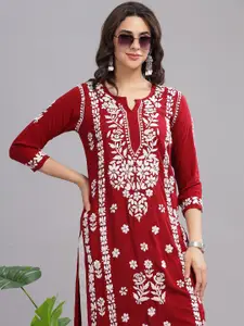Club Loom Floral Embroidered Boat Neck Chikankari Pure Cotton Handloom Chikankari Kurti