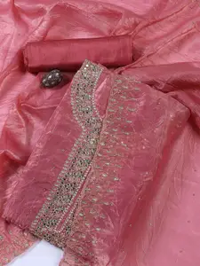 Meena Bazaar Floral Embellished Zari Work Tissue Unstitched Dress Material